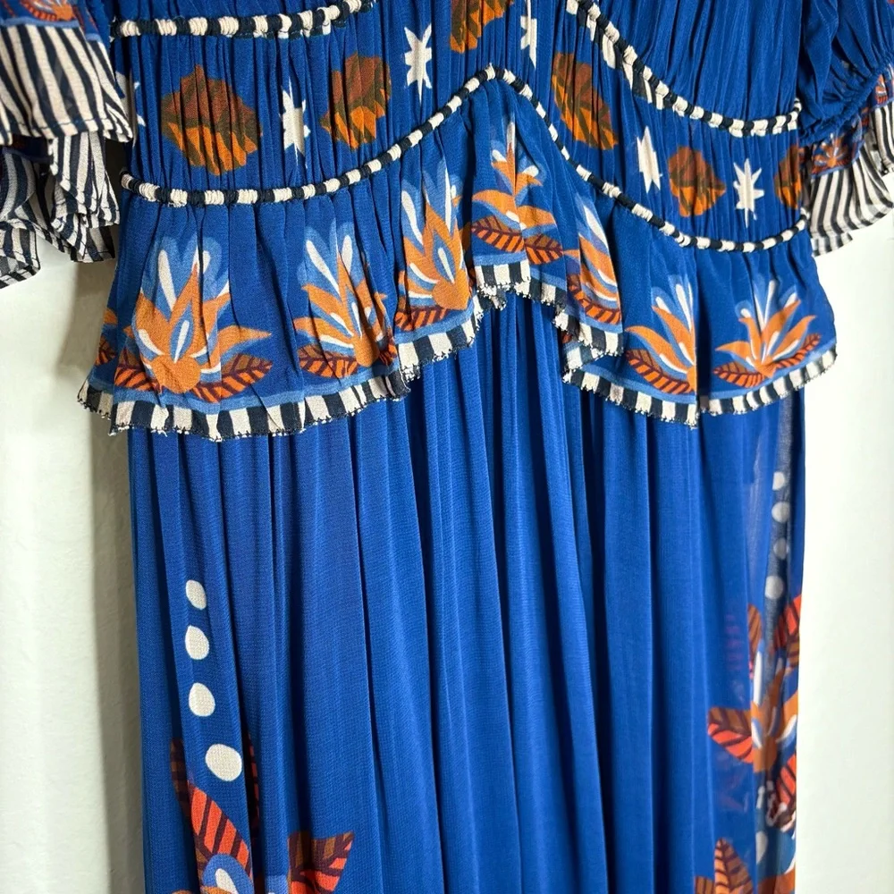 Farm Rio Nature Beauty Maxi Dress Blue Boho Print Short Sleeve Size Large NWT - Picture 5 of 12